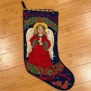 Vintage Needlepoint Peace on Earth Angel 100% Wool & Velvet Christmas Stocking